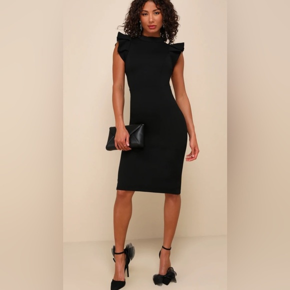 NWT- LuLu’s Stylish Splendor Black Backless Ruffle Bodycon Midi Dress Sz S - Picture 1 of 8